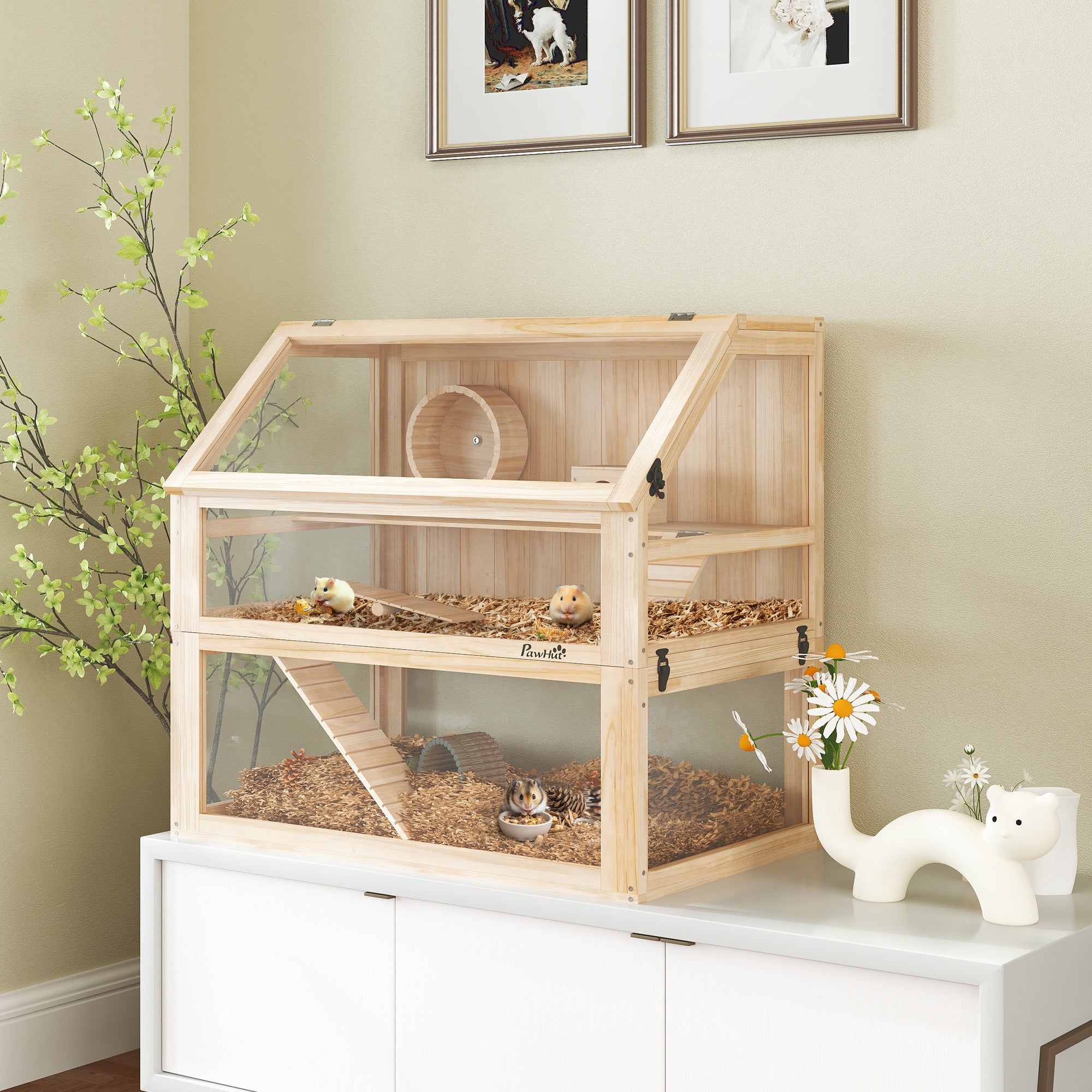 PawHut Wooden Hamster Cage with Detachable 31cm Deep Bottom, Hut, Seesaw, Exercise Wheel, Ramp, 80 x 50 x 76cm, Natural 
