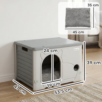 PawHut Cat House Stackable Pet Shelter with Removable Cushion for Indoor Outdoor Use Grey 