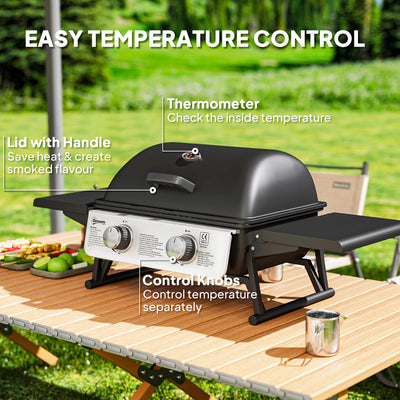 Outsunny 2 Burner Gas BBQ Grill with Foldable Side Tables, Portable Tabletop Gas Barbecue Grill with Built-in Thermometer, Lid, Grease Tray for Garden Party Camping Picnic Outdoor Cooking 5.6KW, Black 