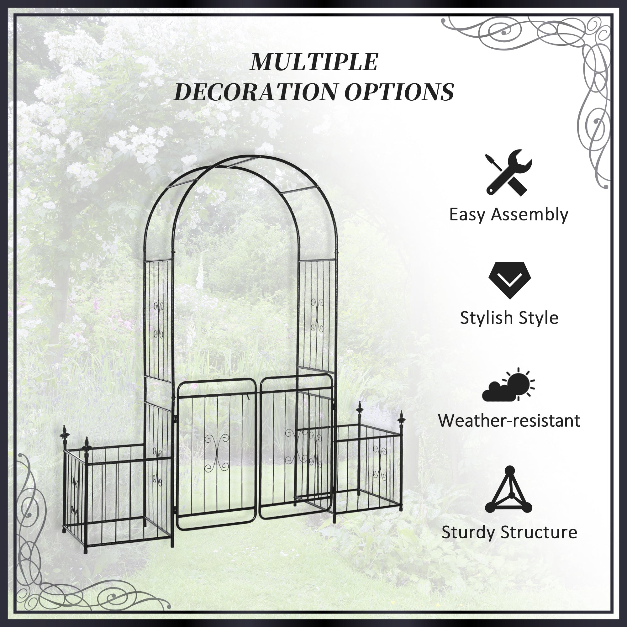 Outsunny Metal Garden Arbor Arch with Double Doors, 2 Side Planter Baskets, Climbing Vine Frame, Black 
