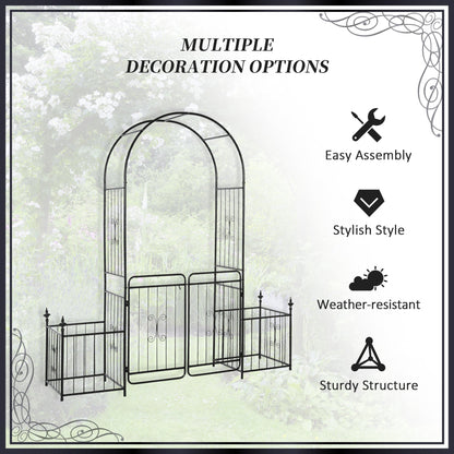 Outsunny Metal Garden Arbor Arch with Double Doors, 2 Side Planter Baskets, Climbing Vine Frame, Black 