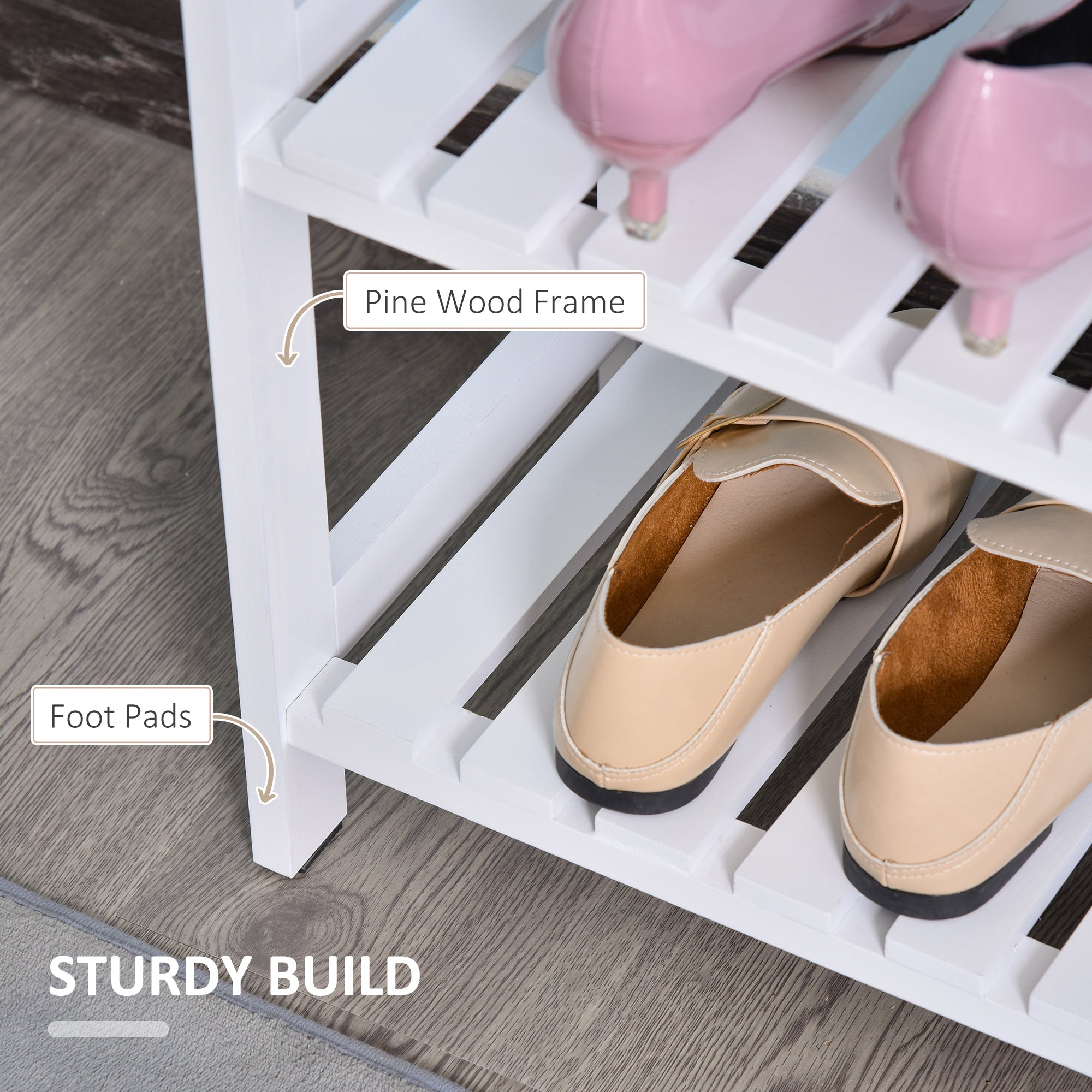 HOMCOM 3-Tier Shoe Rack Wood Frame Slatted Shelves Spacious Open Hygienic Storage Home Hallway Furniture Family Guests 70L x 26W x 57.5H cm - White 