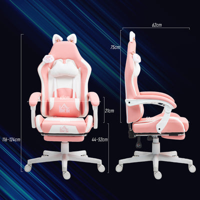 HOMCOM Cat Ear and Paw Reclining Office Chair, with Footrest - Pink/White 
