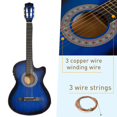 HOMCOM 38 Inch Full Size Blue Classical Acoustic Electric Guitar Kids Guitar and Junior Guitar   Premium Gloss Finish w/Case - Blue 
