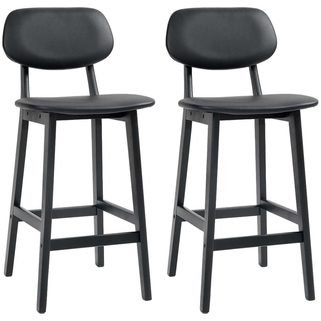 HOMCOM Set of Two Wooden Classic Bar Stools, with Faux Leather Seats - Black 