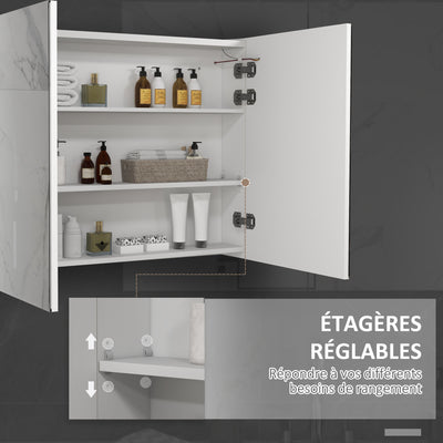 kleankin Bathroom Mirror Cabinet with Light, Bathroom Storage Cupboard with Adjustable Shelf, USB Powered, 90x15x70cm, White 