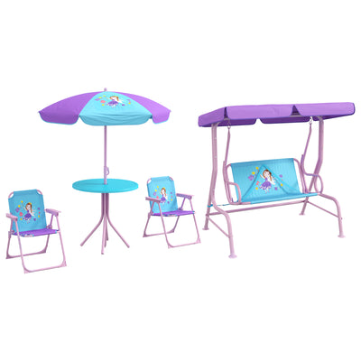 Outsunny 4PCs Kids Garden Furniture Set w/ 2 Seater Garden Swing Chair with Adjustable Canopy, Childrens Table and Chair Set with Parasol, for Toddler Girls 3-6 Years Old 