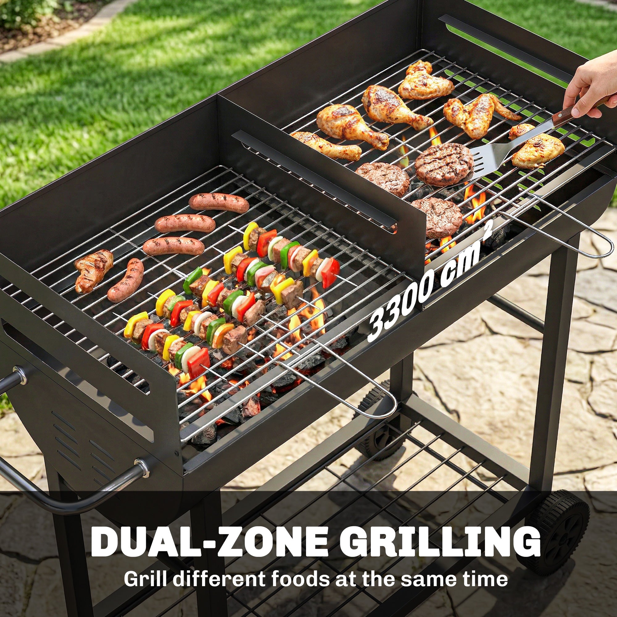Outsunny Charcoal Barbecue Grill with 2 Cooking Areas, Portable BBQ Trolley with Wheels, Height Adjustable Grates, Bottom Shelf 