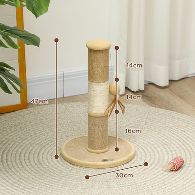 PawHut Cat Scratching Post for Indoor Cats, 47cm Tall Cat Scratcher with Jute Sisal Rope, Hanging Toy Ball, Feather, Brown 