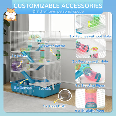 PawHut 6 Tier Hamster Cage, Small Animal Cage with Tubes, Exercise Wheel, Ramps, Hut, Food Dish, Water Bottle, Light Blue 