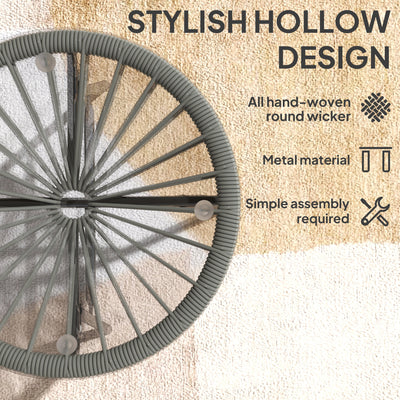 Outsunny Rattan Side Table, Round Outdoor Coffee Table, with Round PE Rattan and Tempered Glass Tabletop, Light Grey 