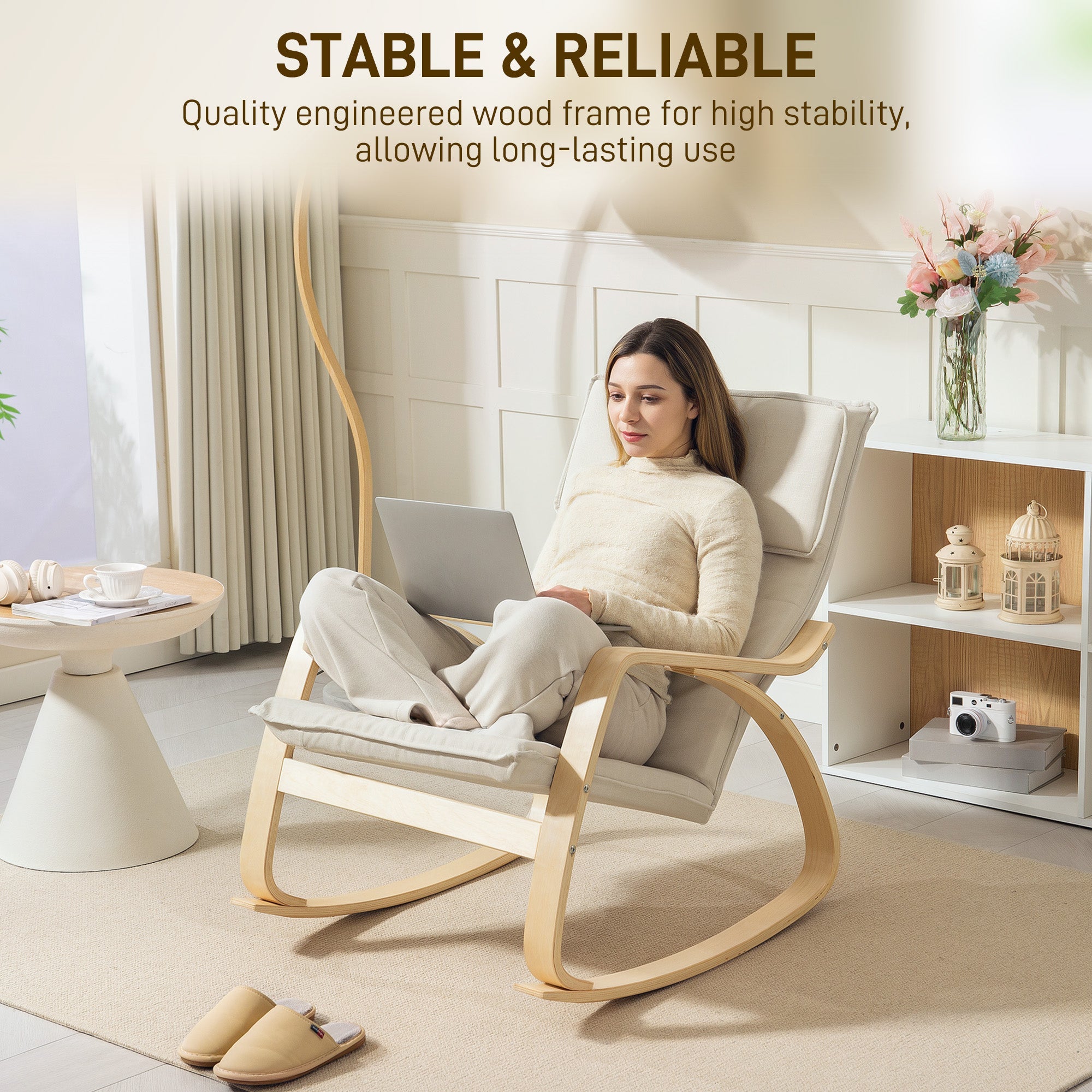 HOMCOM Comfortable Relax Rocking Chair, Upholstered Lounge Chair Recliner with High Back and Headrest for Living Room, Bedroom, Cream White 