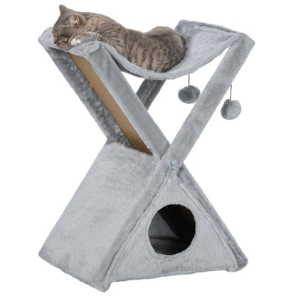 PawHut Two Tier Cat Tree for Indoor Cats Play Rest Activity Tower Plush Folding Relax Center w/ Scratching Post Hammock Pom Poms Grey 