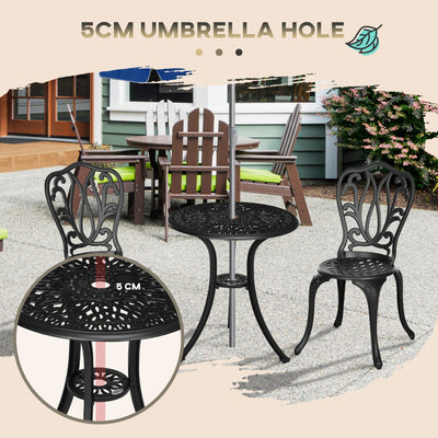 Outsunny 3 Piece Garden Bistro Set, Cast Aluminium Outdoor Furniture Set with Umbrella Hole for Balcony, Porch, Patio, Black 
