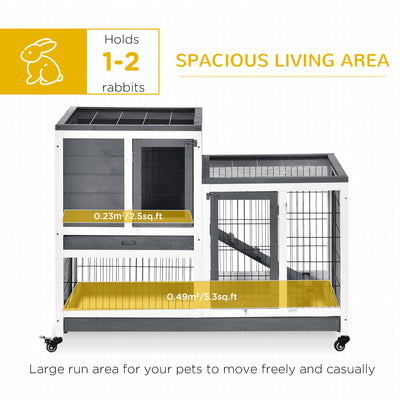 PawHut Wooden Indoor Rabbit Hutch Guinea Pig House Bunny Small Animal Cage W/ Wheels Enclosed Run 110 x 50 x 88 cm, Grey 