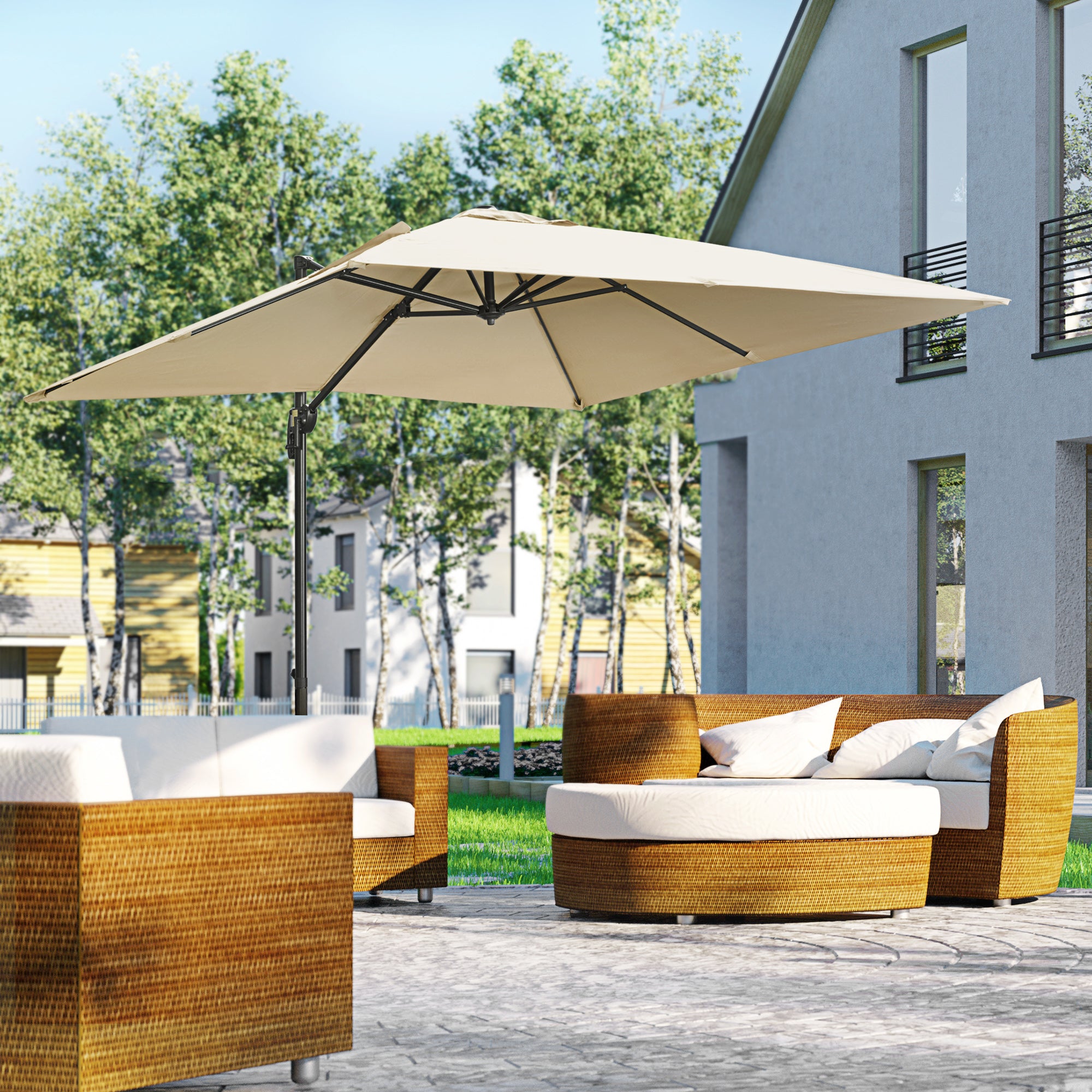Outsunny 2.7 x 2.7 m Cantilever Parasol, Square Overhanging Umbrella with Cross Base, Crank Handle, Tilt, 360\'c2\'b0 Rotation and Aluminium Frame, Cream White 