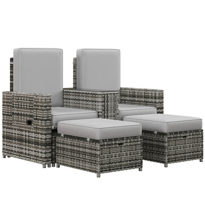 Outsunny Rattan Sun Lounger w/ Storage Tea Table & Footstools, Grey 