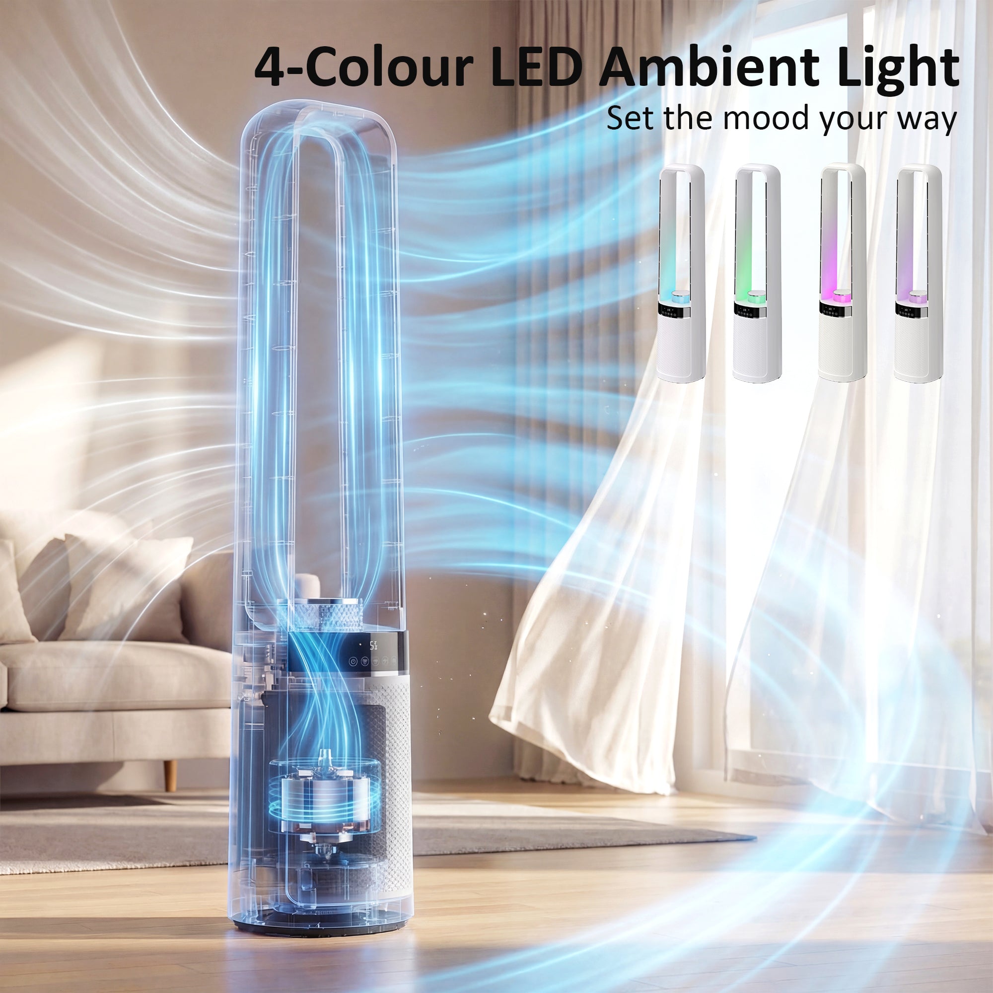 HOMCOM Bladeless Tower Fan, 36dB Standing Cooling Fan with Oscillating, LED Lights, 3 Speeds, 12H Timer, Remote Control 
