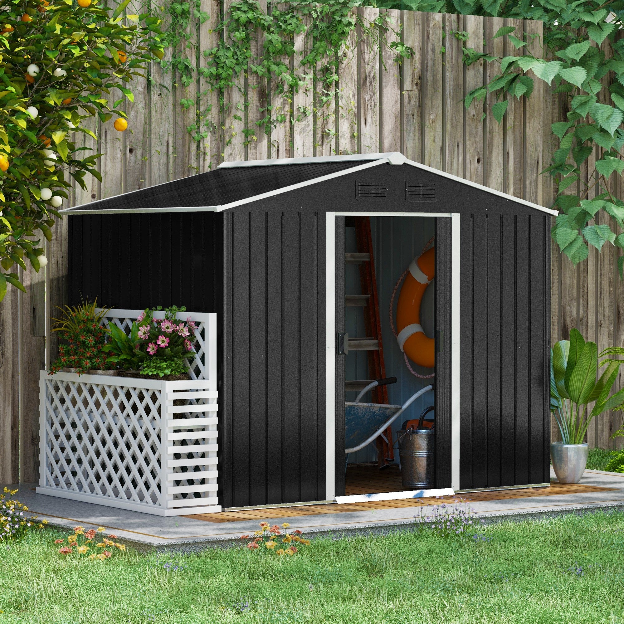 Outsunny 7.7 x 5.7ft Metal Garden Shed, Galvanised Outdoor Tool Storage House with Ventilation Slots and Sliding Doors, Grey 