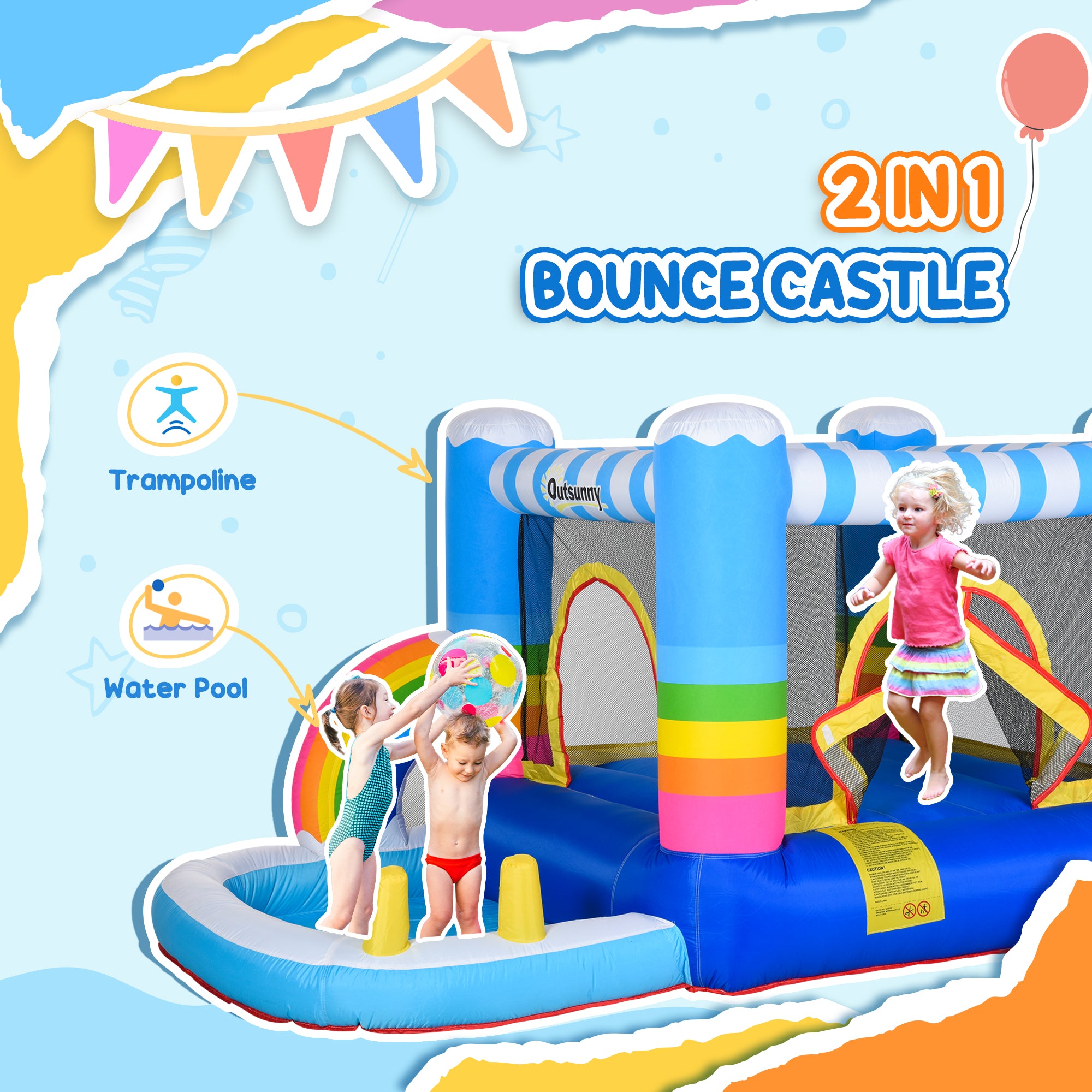 Outsunny Kids Bounce Castle Inflatable House with Trampoline Pool Climbing Wall with Inflator Carrybag, 2.8 x 1.7 x 1.55m 