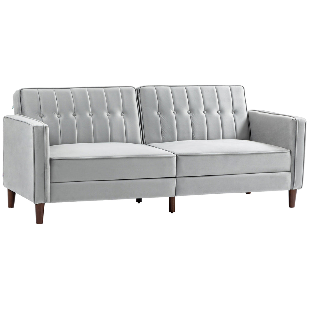 HOMCOM Modern Convertible Sofa Futon Velvet-Touch Tufted Couch Compact Loveseat with Adjustable Split Back, Light Grey 