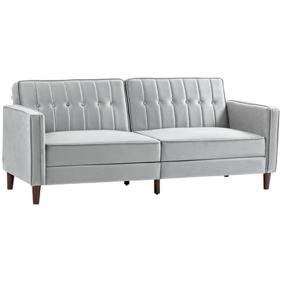 HOMCOM Modern Convertible Sofa Futon Velvet-Touch Tufted Couch Compact Loveseat with Adjustable Split Back, Light Grey 
