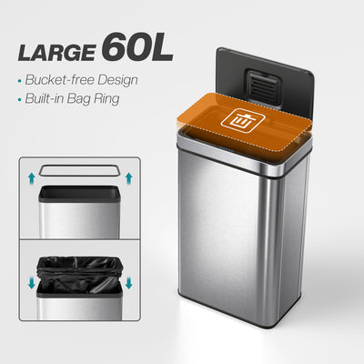 HOMCOM 60 L Sensor Can,  Sensor Bin with Soft-Close Lid, Fingerprint-Proof Stainless Steel, Silver Tone 