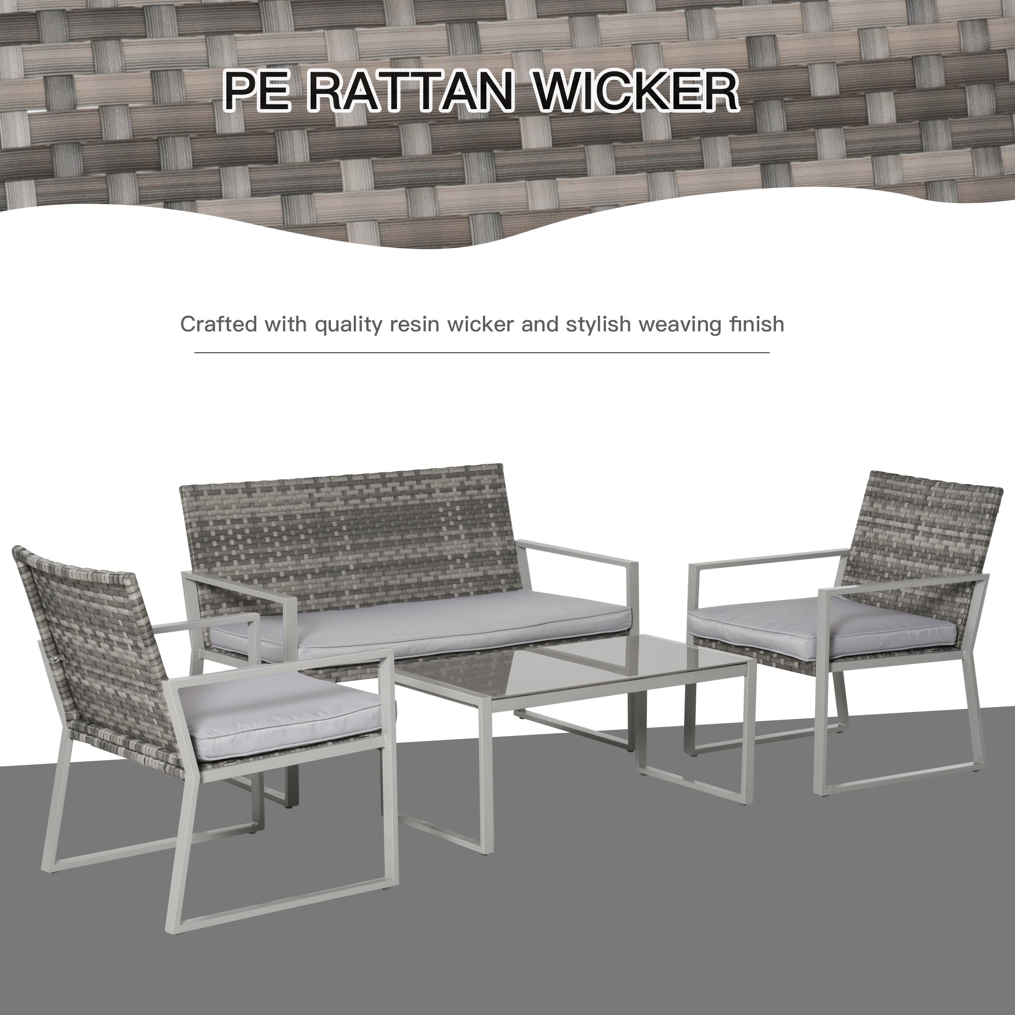 Outsunny 4PC Rattan Garden Furniture Set 2 Single Sofa Arm Chairs 1 Bench with Cushions & Coffee Table Patio Backyard Wicker Weave 