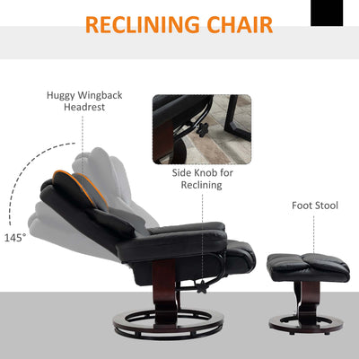 HOMCOM Faux Leather Recliner Chair and Footstool, Swivel Upholstered Armchair and Footstool with Adjustable Backrest, Solid Wood Base for Living Room, Black 