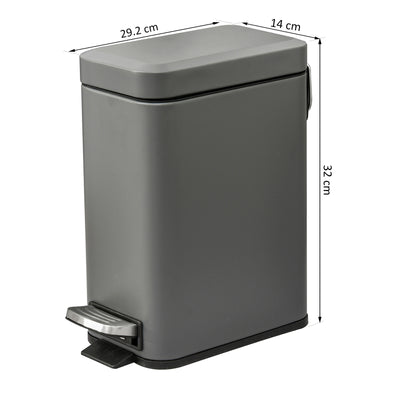 HOMCOM 5L Rectangular Compact Bin Steel Body Removable Bucket Quiet-Close Lid w/ Pedal Lid Rubbish Trash Can Home Office Bedroom Bathroom Living Room Garbage Tidy Clean Grey 