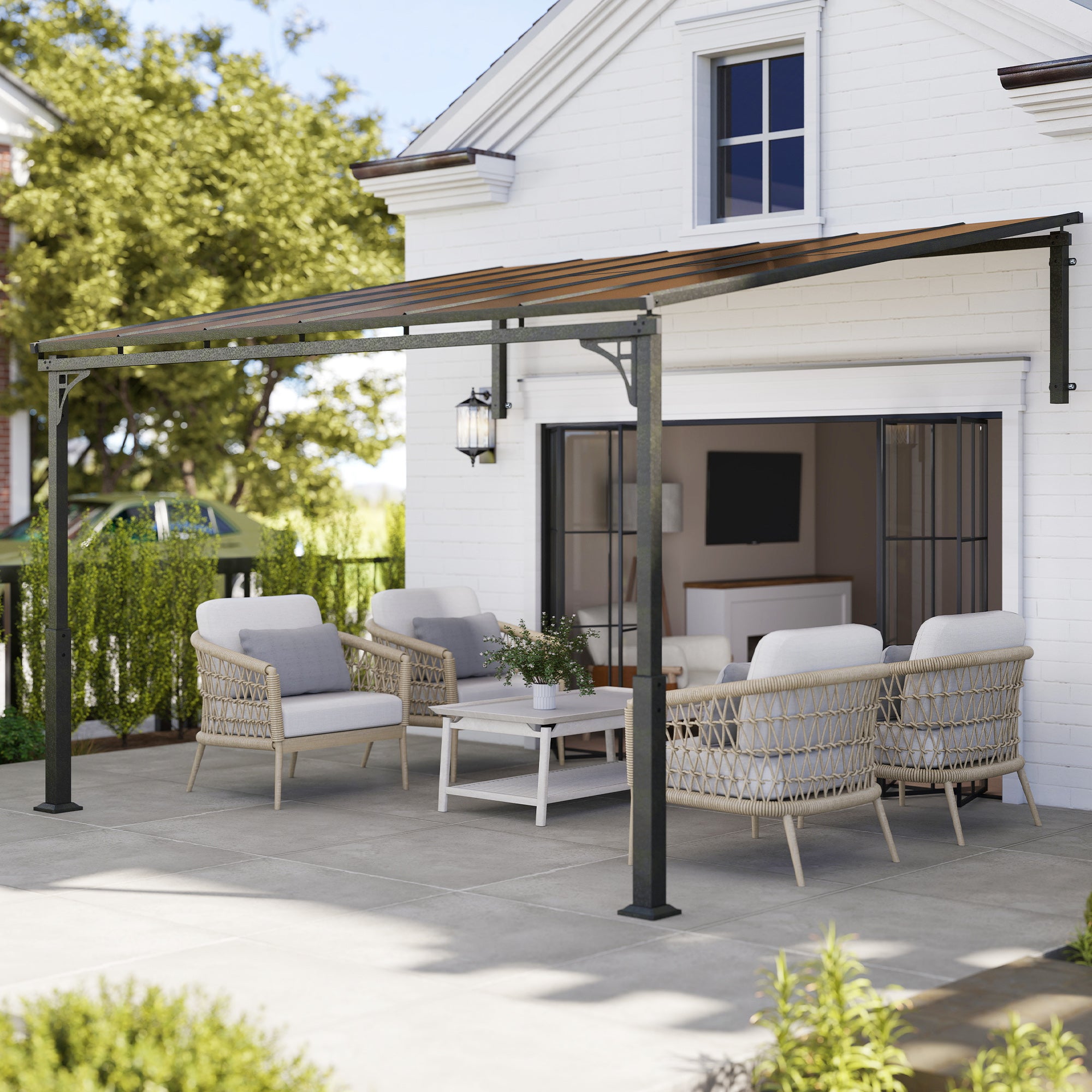 Outsunny 3.4 x 3 m Metal Lean-to Pergola, Wall-Mounted Garden Pergola with Polycarbonate Roof and Metal-Aluminium Frame, Heavy Duty Hardtop Gazebo for Outdoor Patios, BBQ, Brown 
