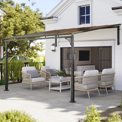 Outsunny 3.4 x 3 m Metal Lean-to Pergola, Wall-Mounted Garden Pergola with Polycarbonate Roof and Metal-Aluminium Frame, Heavy Duty Hardtop Gazebo for Outdoor Patios, BBQ, Brown 