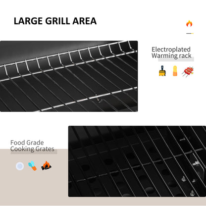 Outsunny Charcoal Grill BBQ Trolley with Adjustable Charcoal Grate, Garden Metal Smoker Barbecue with Shelf, Side Table, Wheels, Built-in Thermometer, Bottle Opener 