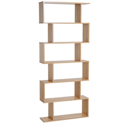 HOMCOM Bookcase, 6 Tier Shelf S Shaped Bookshelf, Storage Unit, Display Shelf for Living Room, Bedroom, Home Office, Plant, Oak 