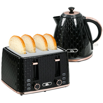 HOMCOM 1.7L 3000W Fast Boil Kettle & 4 Slice Toaster Set, Kettle and Toaster Set with 7 Browning Controls, Crumb Tray, Black 