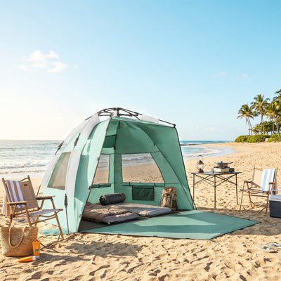 Outsunny 2-3 Person Pop Up Beach Tent, UPF15+ Sun Shelter with Extended Floor, Sandbags, Mesh Windows and Carry Bag, Green 