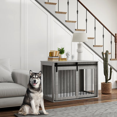 PawHut 98cm Dog Crate Furniture with Removable Cushion for Large Dogs - Grey 