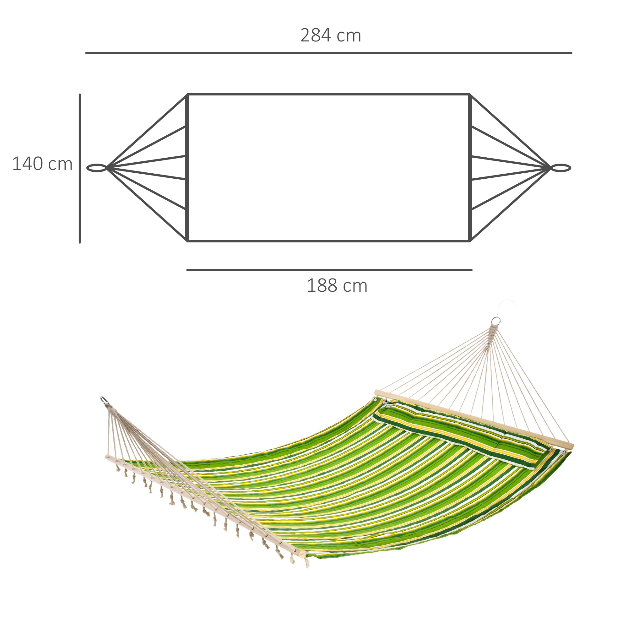Outsunny Double Cotton Hammock Camping Swing Outdoor Garden Beach Stripe Hanging Bed with Pillow 188L x 140W cm, Green 