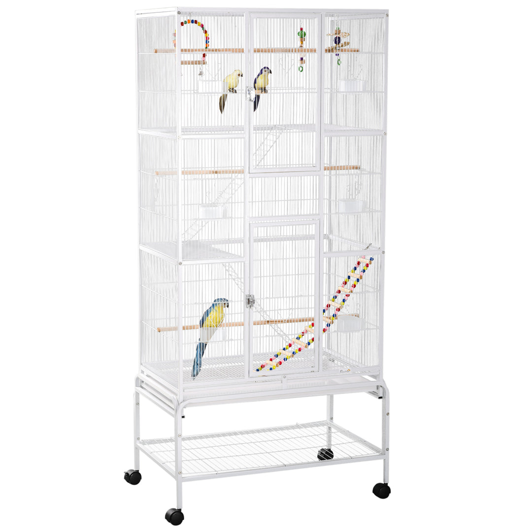 PawHut Large Bird Cage Budgie Cage 3 Tier Aviary with Stand Wheels, Toys, Ladders, Shelf for Canaries, Finches, Cockatiels, Parakeets - White 