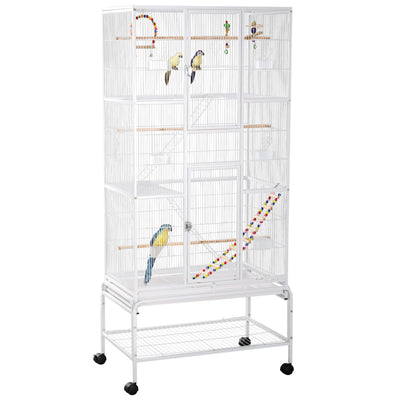 PawHut Large Bird Cage Budgie Cage 3 Tier Aviary with Stand Wheels, Toys, Ladders, Shelf for Canaries, Finches, Cockatiels, Parakeets - White 