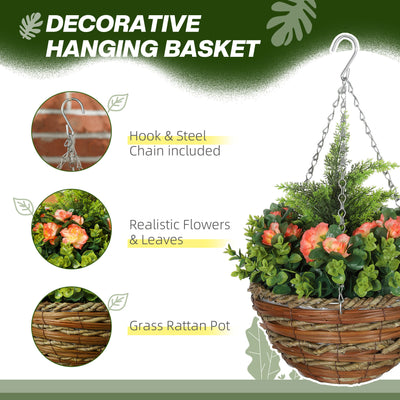 Outsunny Pack of 2 Faux Plant Artificial Lisianthus Flowers Hanging Planter with Basket for Indoor Outdoor Decoration, Orange 