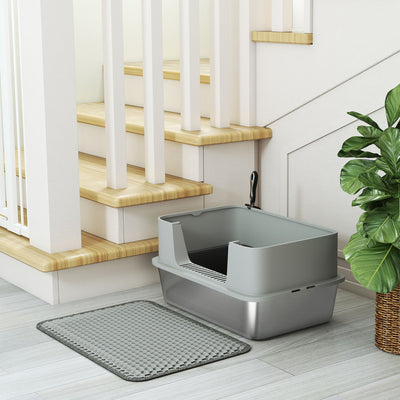 PawHut High Sided Stainless Steel Litter Box, Metal Cat Litter Tray with Metal Scoop, Litter Mat, Never Absorbs Odors, Grey 