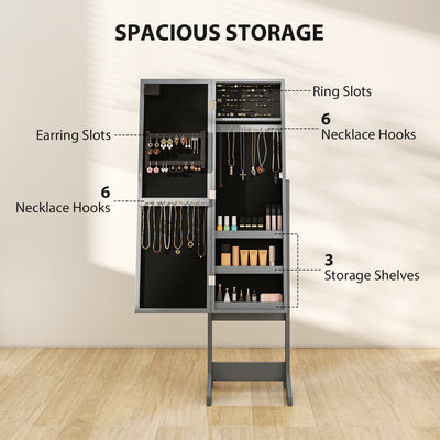 HOMCOM Free Standing Mirror Jewelry Cabinet with LED Lights, Jewellery Organiser with 3 Angle Adjustable, Full-Length Mirror with Storage for Earrings, Necklaces, Rings and Lipsticks, Grey 