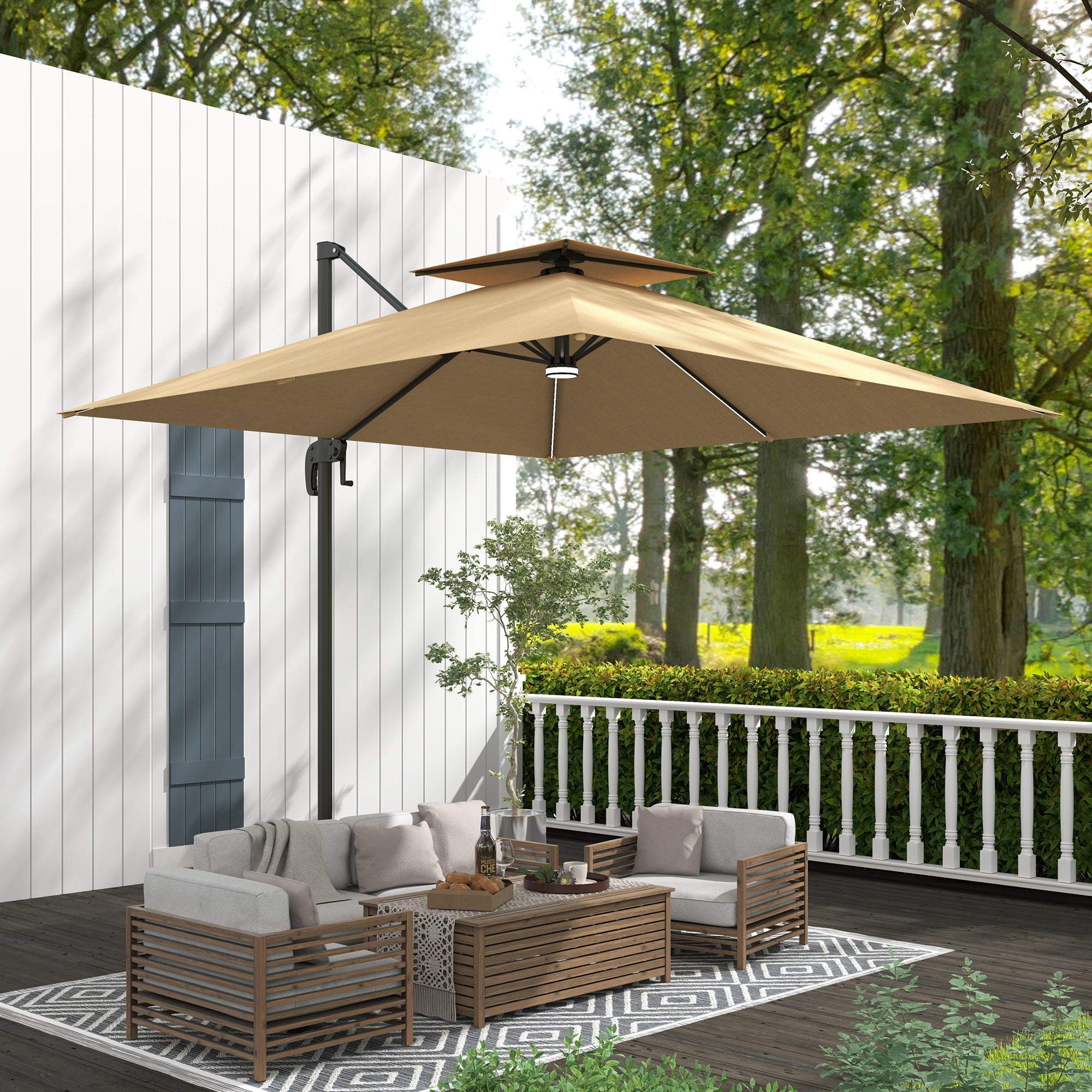 Outsunny 2.5m Cantilever Parasol with Solar Powered LED Lights, 360° Rotation, Tilt Adjustment, Crank Handle, Khaki 