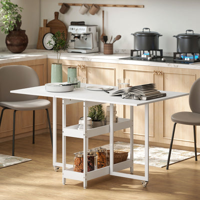 HOMCOM Industrial Folding Dining Table, Drop Leaf Table with Open Compartments for Small Spaces, Kitchen, Dining Room, White 