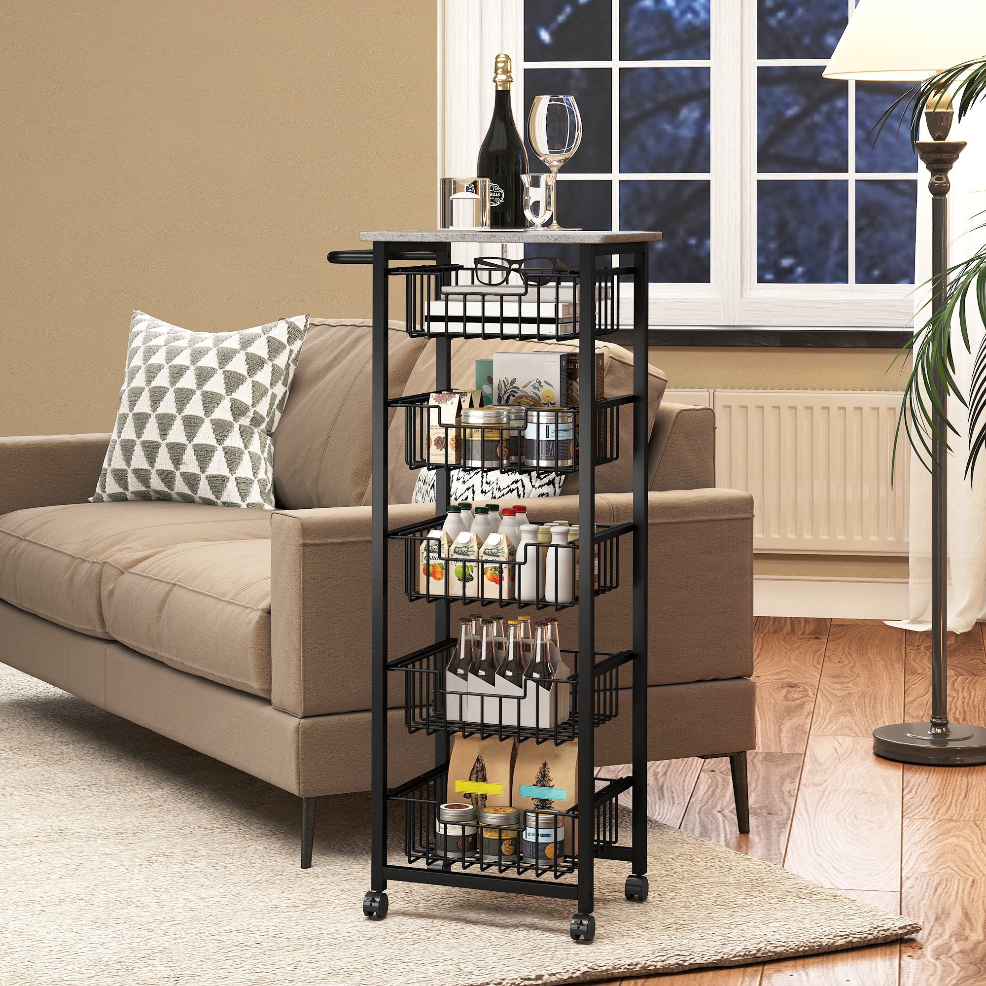 HOMCOM Five Basket Mobile Kitchen Island, with Brakes - Grey/Black 