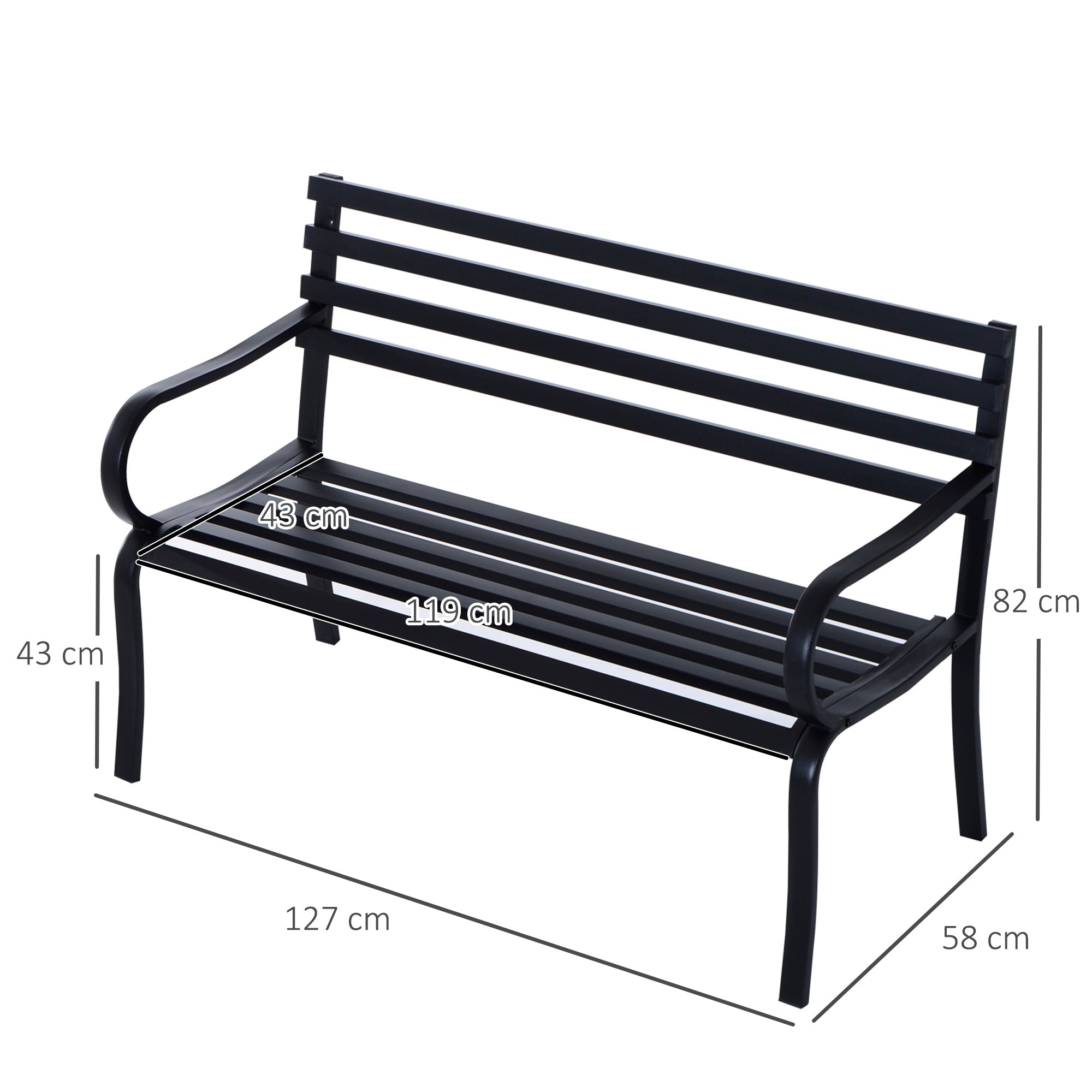Outsunny Stylish 2 Seater Metal Garden Porch Chair Bench Stable Patio Outdoor Park Metal Bench - Black 