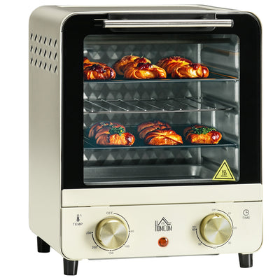 HOMCOM Mini Oven, 15 Litres Electric Oven and Grill with 60-230\'e2\'84\'83 Adjustable Temperature, 60 Minute Timer, Include Baking Tray, Wire Rack and Crumb Tray, 1000W, Cream White 