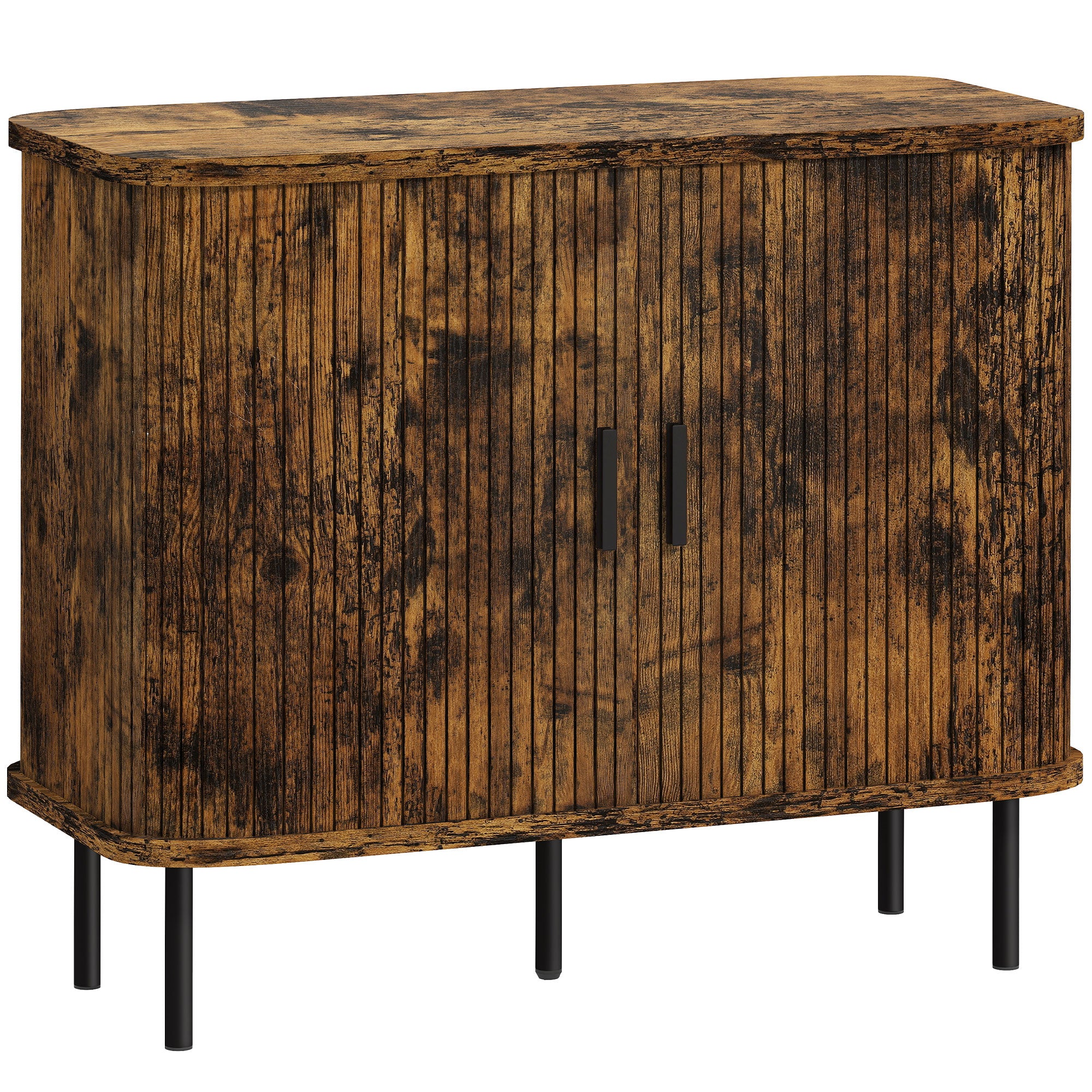 HOMCOM Mid-Century Modern Sideboard Storage Cabinet with Slatted Tambour Sliding Doors, Kitchen Cabinet with Steel Legs, Rustic Brown