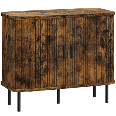 HOMCOM Mid-Century Modern Sideboard Storage Cabinet with Slatted Tambour Sliding Doors, Kitchen Cabinet with Steel Legs, Rustic Brown 